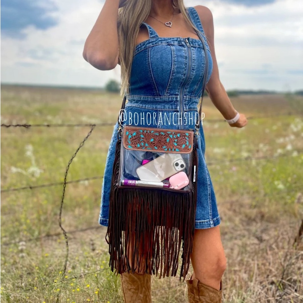 Boho Ranch - Western Tooled Leather Clear Crossbody Purse hand tooled concert - Picture 5 of 10